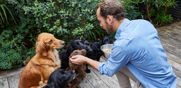 James Middleton and dogs crouched on decking