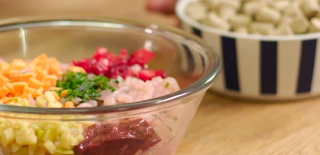 Clear glass bowl of healthy raw dog food ingredients