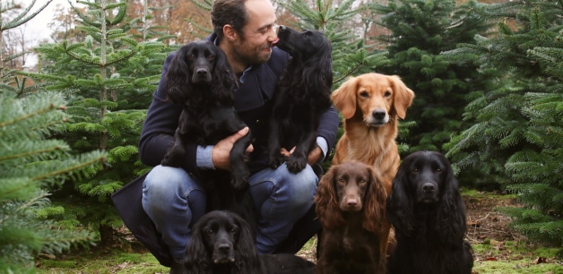 James Middleton crouches in a Christmas Tree farm with his six dogs