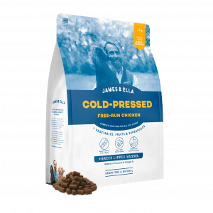 A bag of James & Ella Cold-Pressed Chicken food with a small mound of cold-pressed pellets in front