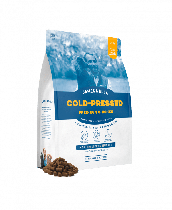 A bag of James & Ella Cold-Pressed Chicken food with a small mound of cold-pressed pellets in front