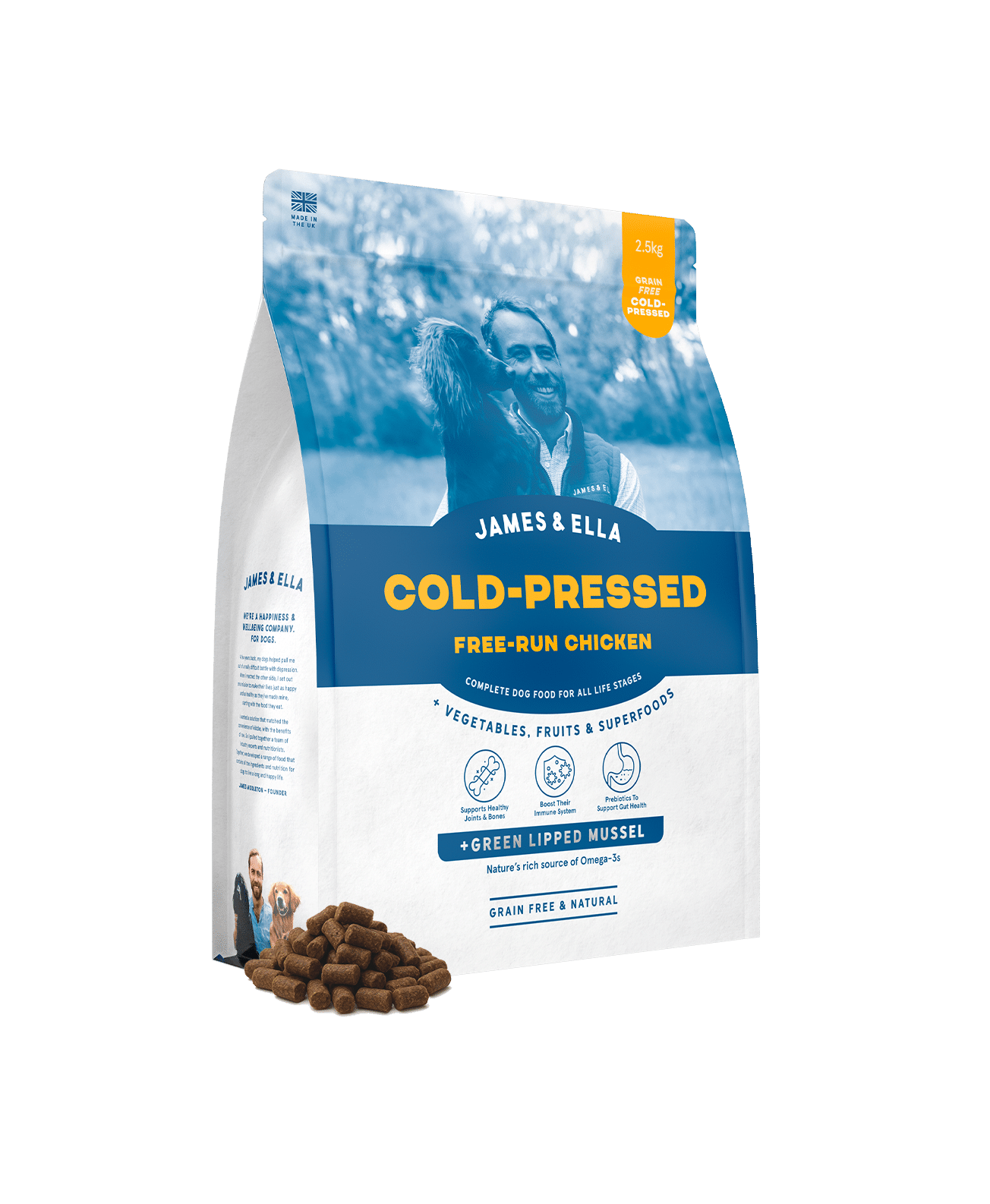 A bag of James & Ella Cold-Pressed Chicken food with a small mound of cold-pressed pellets in front