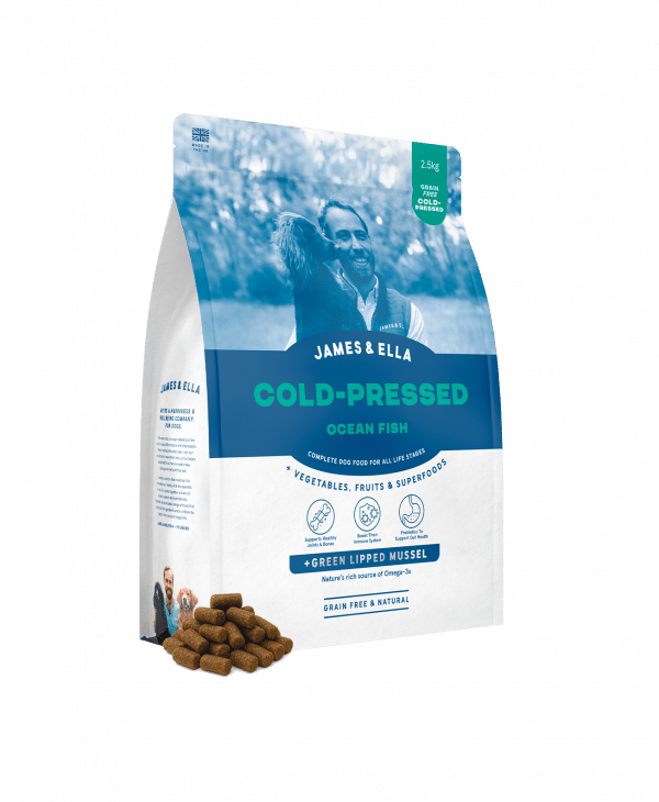 A bag of James & Ella Cold-Pressed Fish food with a small mound of cold-pressed pellets in front