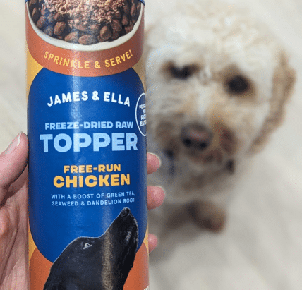 James & Ella's Freeze-dried raw topper with white dog in background