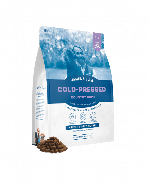 A bag of James & Ella Cold-Pressed Game food with a small mound of cold-pressed pellets in front