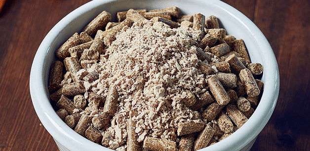 cold-pressed novel protein dog food in a bowl with novel protein game topper on top