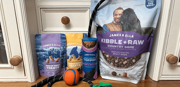 Kibble + Raw food with freeze-dried raw treats, a dog lead, ball and poo bags