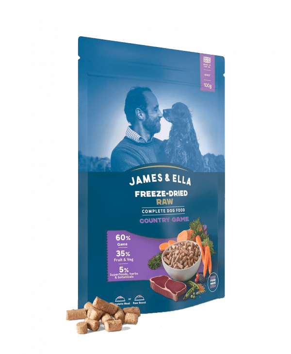 A bag of James & Ella Freeze-Dried Country Game food with a small mound of freeze-dried nuggets in front